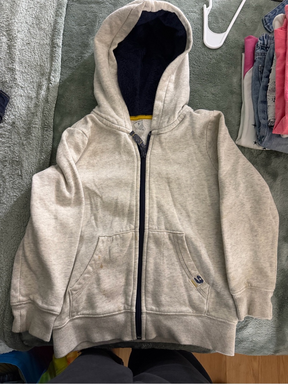 Carter's Light Gray Hooded Zip-Up Sweatshirt with Navy Lining